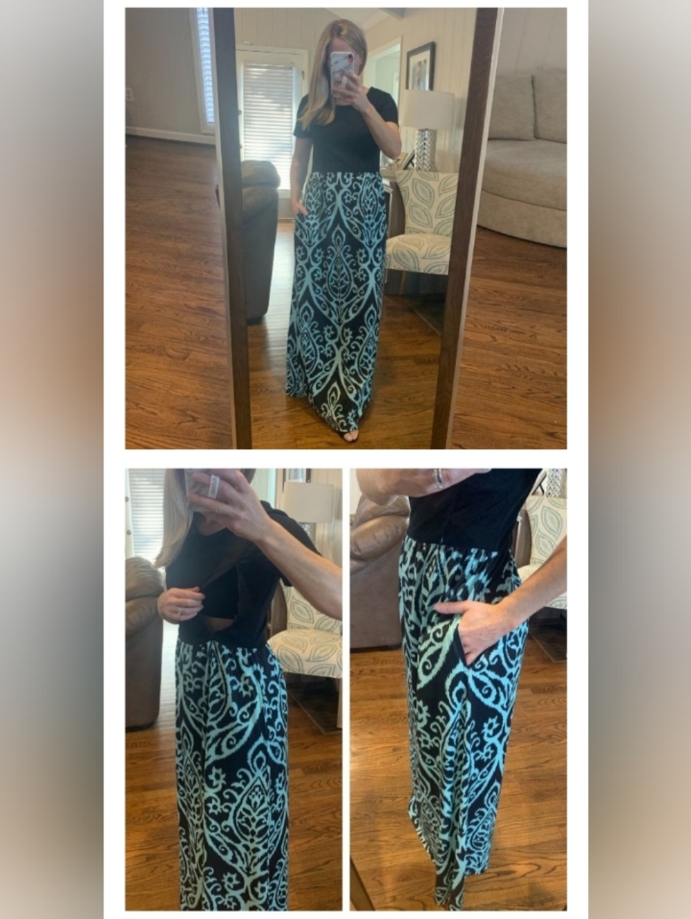 Nursing Queen Black Maxi Dress with Teal Scroll Print W/Pockets